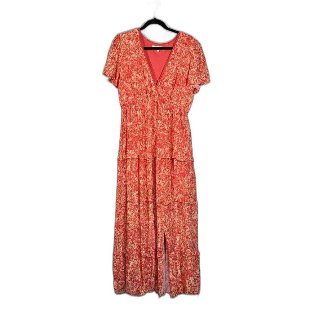 Penelope Rose Coral Ditsy Floral Maxi Dress XL Boho Tiered Flowy